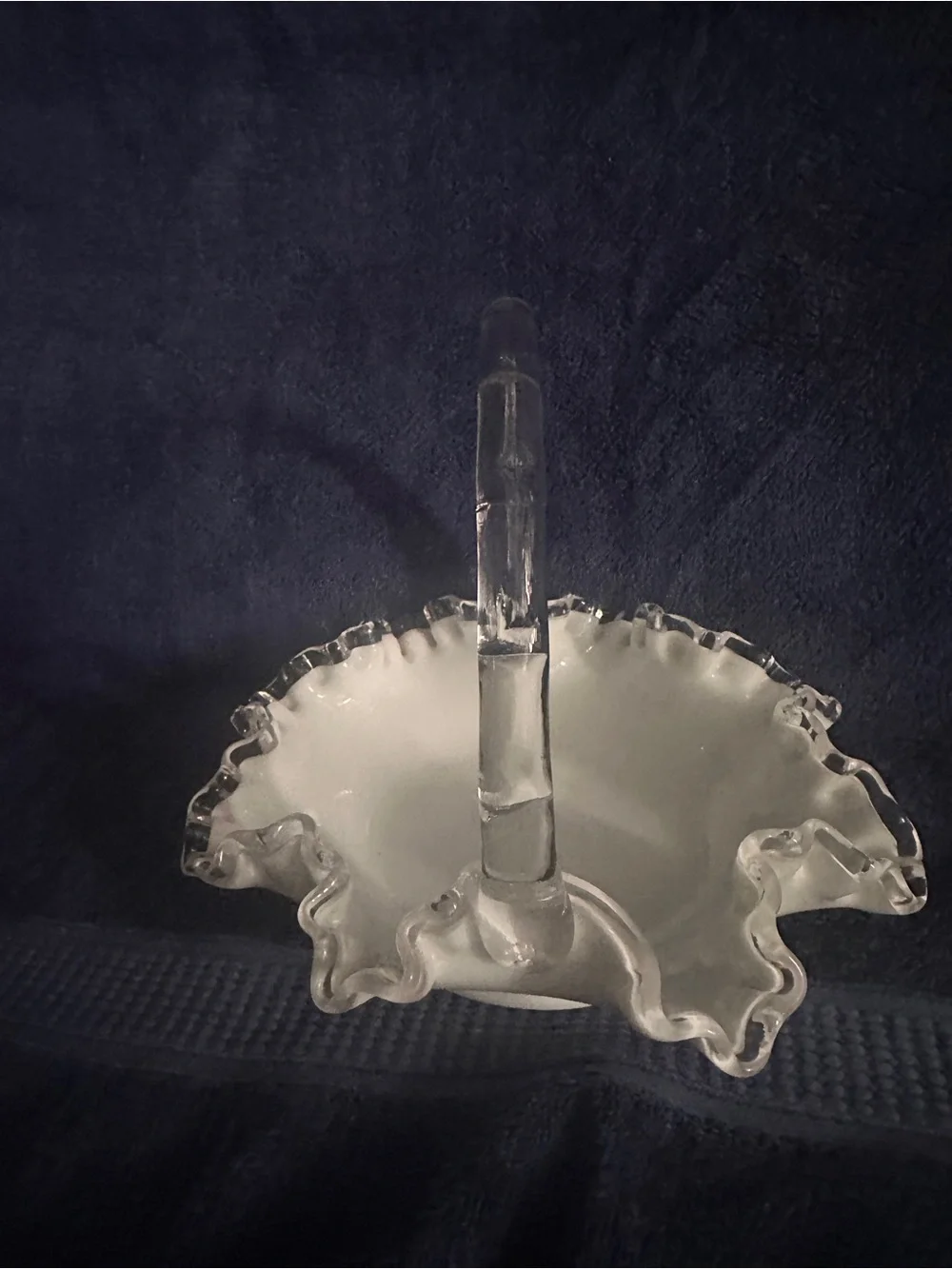Fenton White Milk Glass Ruffled Basket with Clear Handle